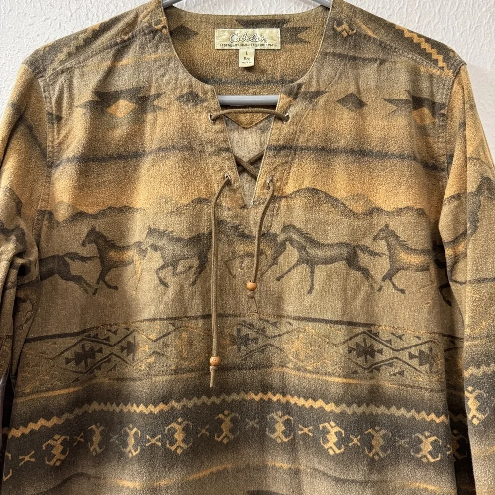 Vintage Cabela's Brown and Tan Southwestern Horse-Print Long Sleeve Cotton Shirt - Picture 3 of 10